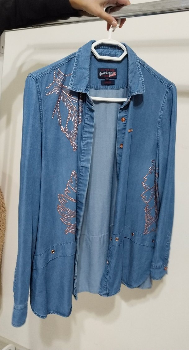 Düğmeli Mavi Denim Kadın Gömlek - Görsel 4