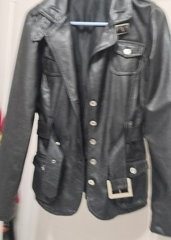 Düğmeli Siyah Deri Kadın Ceket - Görsel 4