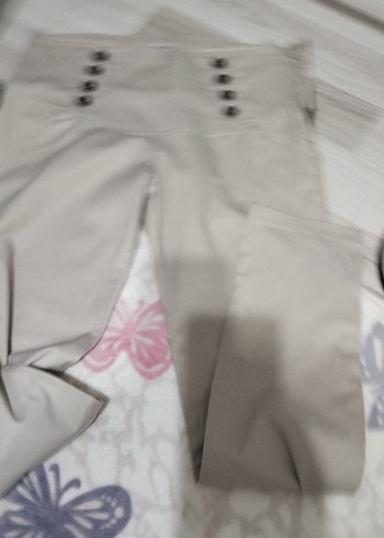 Düğmeli Bej Kadın Kumaş Pantolon - Görsel 3