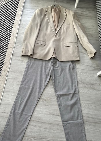 54 Beden Bej Erkek Regular Fit Ceket ve Gri Pantolon