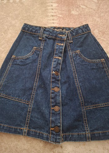 Düğmeli Lacivert Kot Mini Etek Vintage - Görsel 2