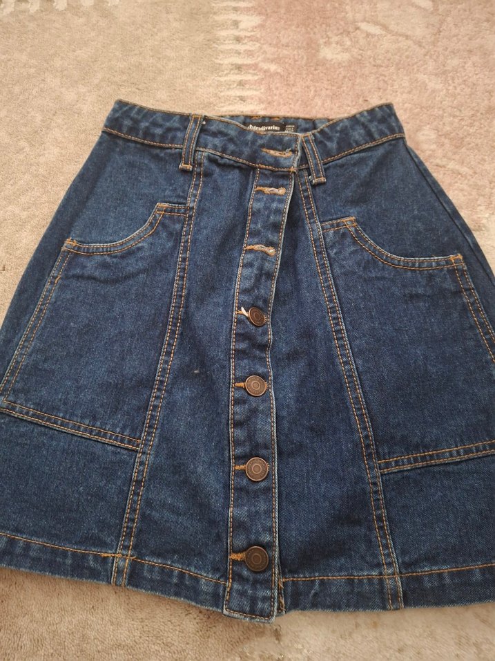 Düğmeli Lacivert Kot Mini Etek Vintage - Görsel 2