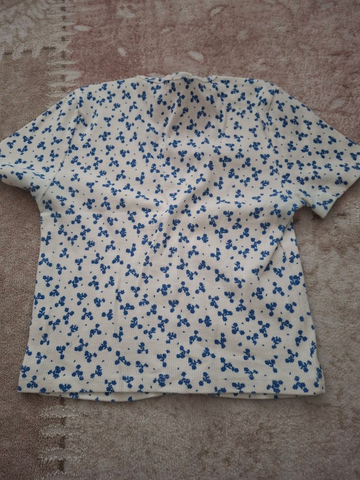 Kadın Mavi Çiçek Desenli Düğmeli V Yaka Bluz Lolita - Görsel 3