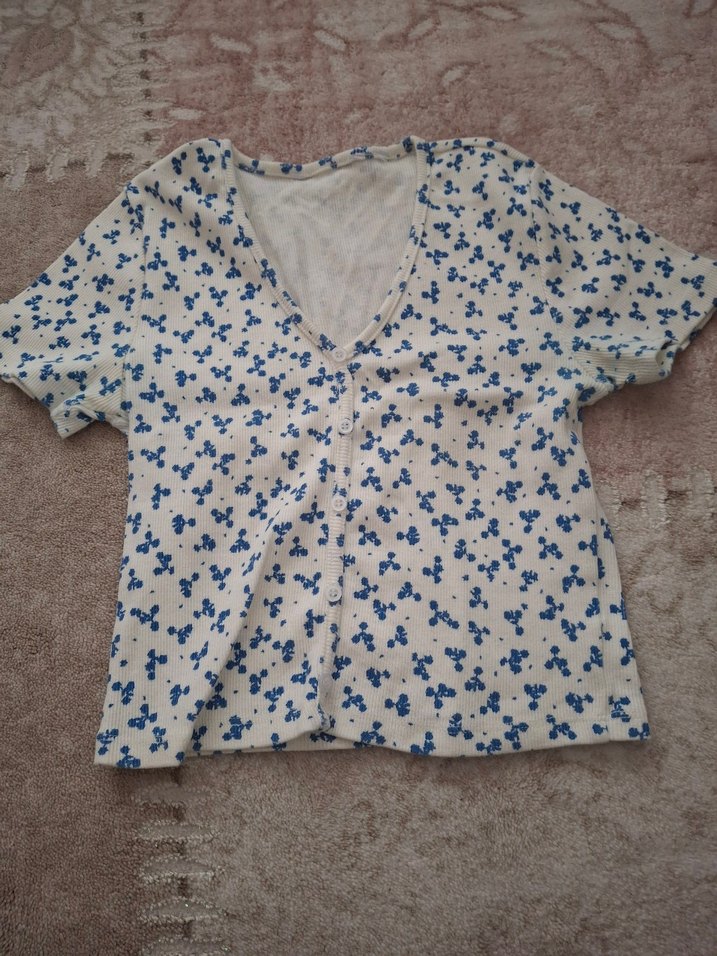 Kadın Mavi Çiçek Desenli Düğmeli V Yaka Bluz Lolita - Görsel 2