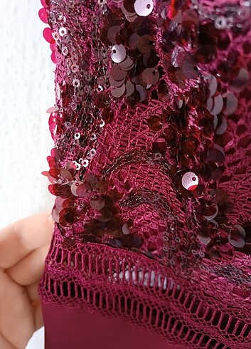 Bordo dantelli payetli abiye elbise - Görsel 3