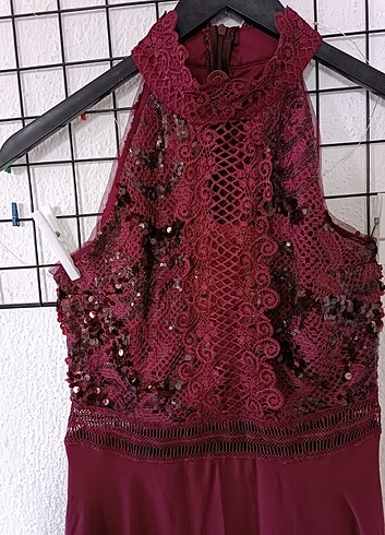Bordo dantelli payetli abiye elbise - Görsel 4