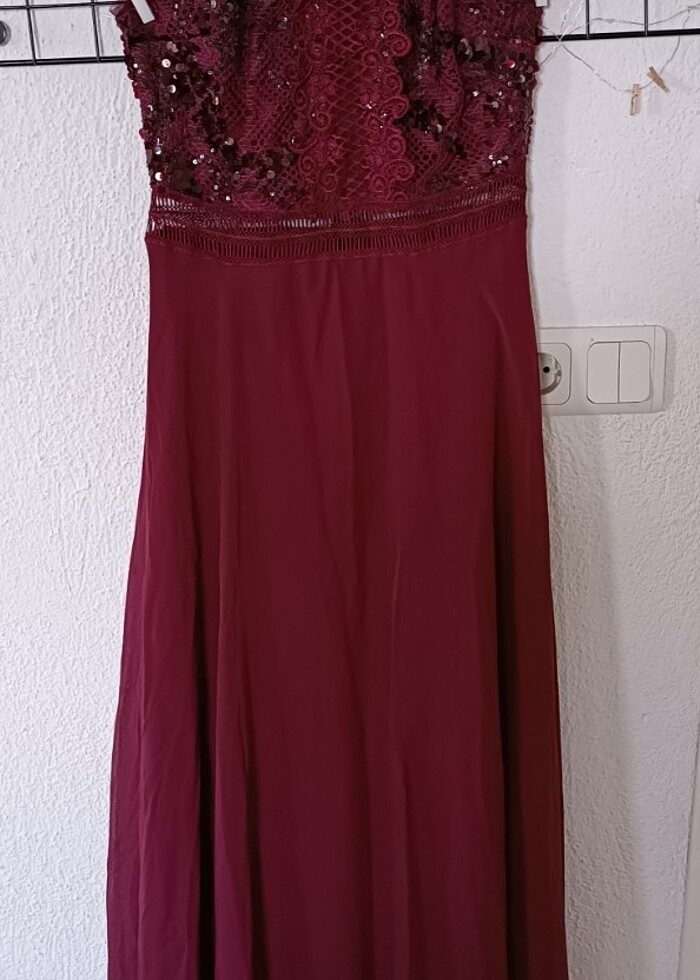 Bordo dantelli payetli abiye elbise - Görsel 2