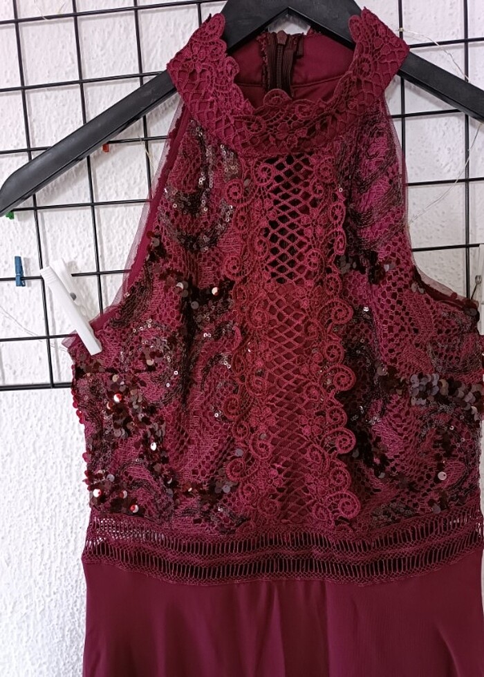 Bordo dantelli payetli abiye elbise - Görsel 4