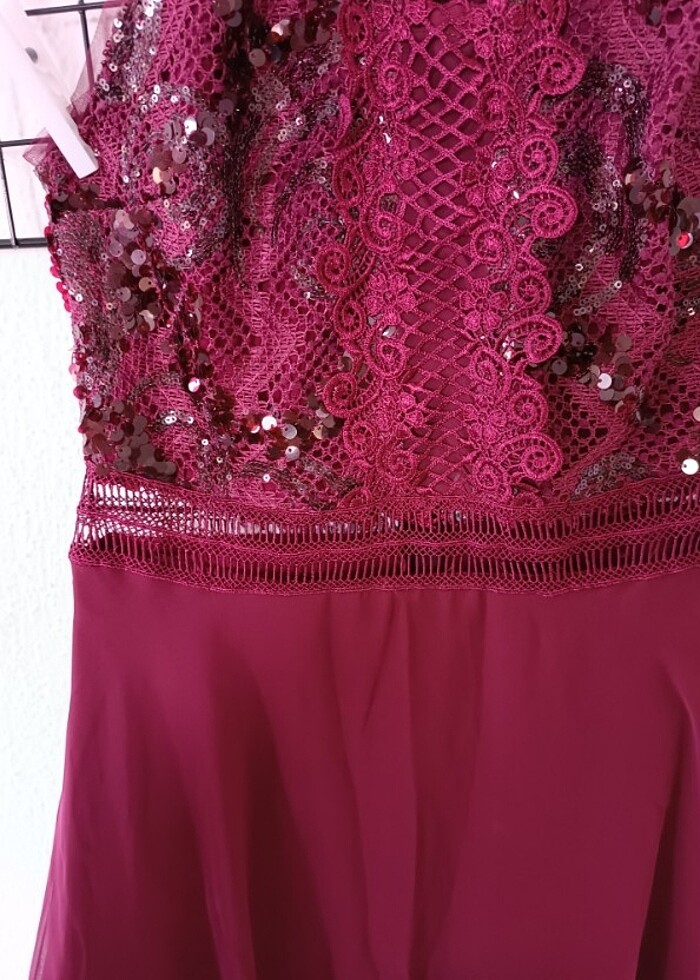 Bordo dantelli payetli abiye elbise - Görsel 5