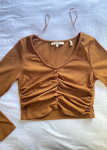 Kahverengi Pilili V Yakalı Kadın Bluz - Görsel 2