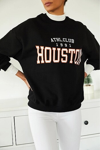 Kadın Siyah Baskılı Polarlı Sweatshirt