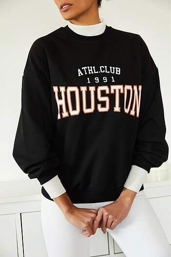 m Beden Kadın Siyah Baskılı Polarlı Sweatshirt