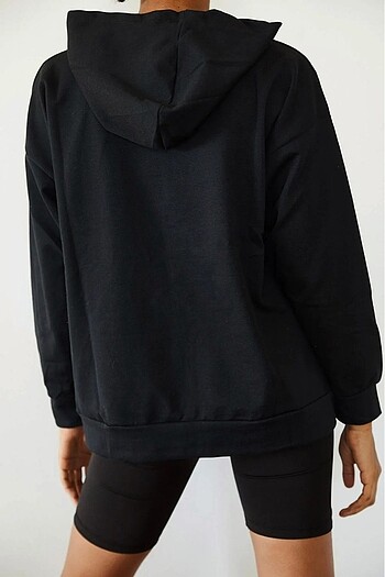 m Beden Kadın Siyah Baskılı Kapüşonlu Sweatshirt