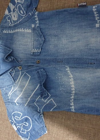 Düğmeli Kısa Kollu Nakışlı Erkek Kot Gömlek - Görsel 3