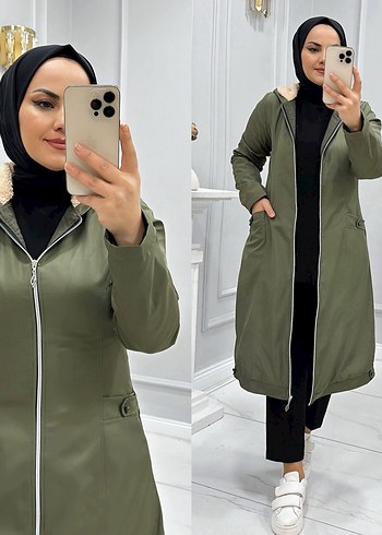 Diğer Haki Yesil Uzun Fermuarli Tesettur Kaban