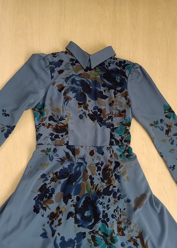 Uzun Kollu Mavi Vintage Baskılı Uzun Elbise - Görsel 3