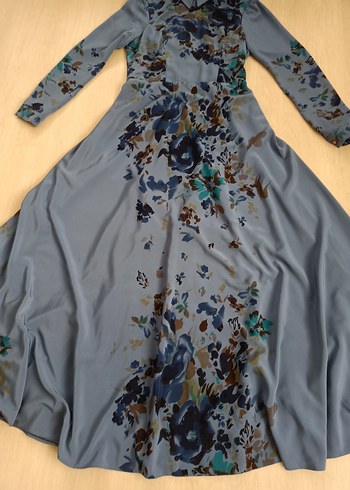 Uzun Kollu Mavi Vintage Baskılı Uzun Elbise - Görsel 2