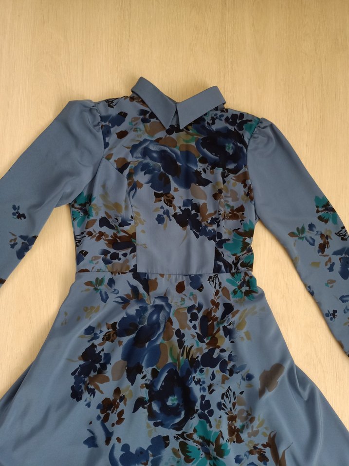 Uzun Kollu Mavi Vintage Baskılı Uzun Elbise - Görsel 3