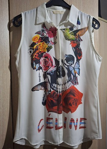 Baskılı Beyaz Kolsuz Gömlek - Görsel 2