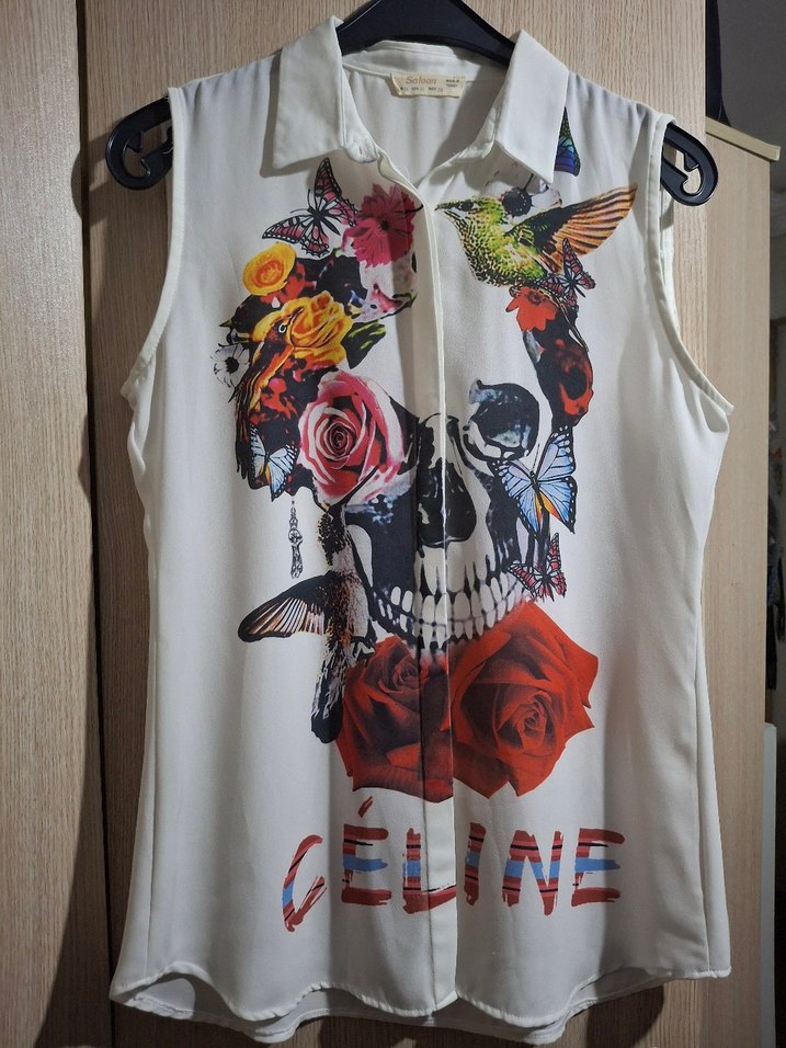 Baskılı Beyaz Kolsuz Gömlek - Görsel 2