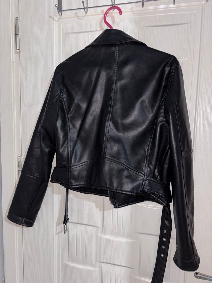 Kadın Siyah Deri Biker Ceket - Görsel 2