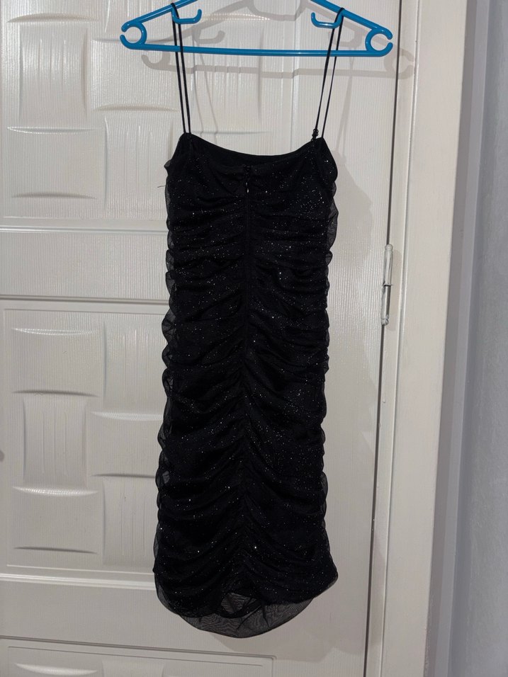 Siyah Drapeli Askılı Mini Elbise - Görsel 2