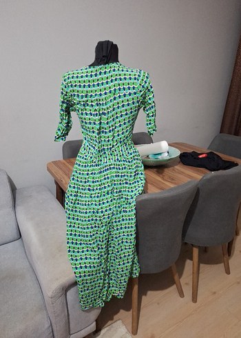 Yeşil V Yaka Uzun Bohem Elbise - Görsel 4