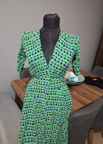 Yeşil V Yaka Uzun Bohem Elbise - Görsel 3