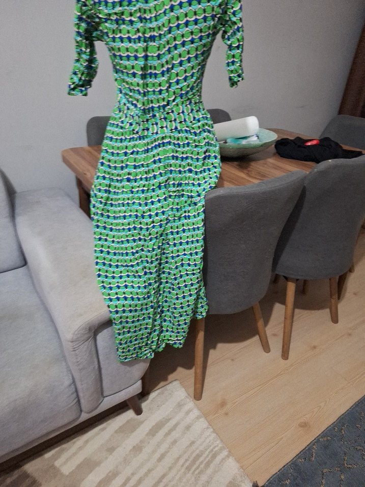 Yeşil V Yaka Uzun Bohem Elbise - Görsel 5