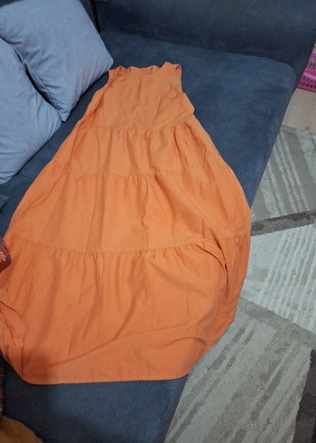 Turuncu Askısız Uzun Keten Elbise - Görsel 2