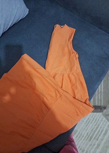 Turuncu Askısız Uzun Keten Elbise - Görsel 4