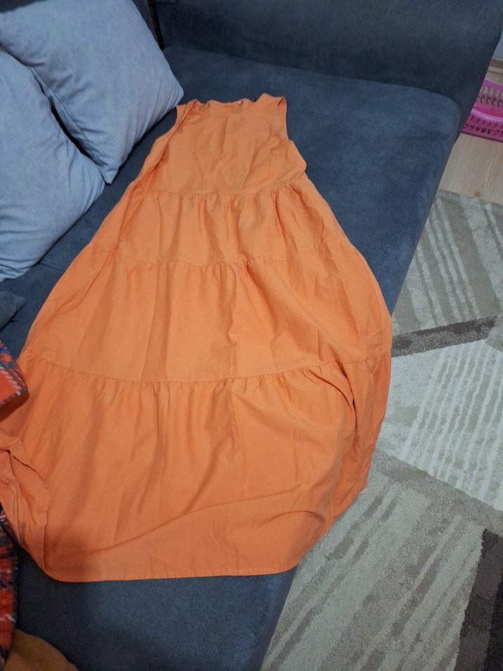 Turuncu Askısız Uzun Keten Elbise - Görsel 2