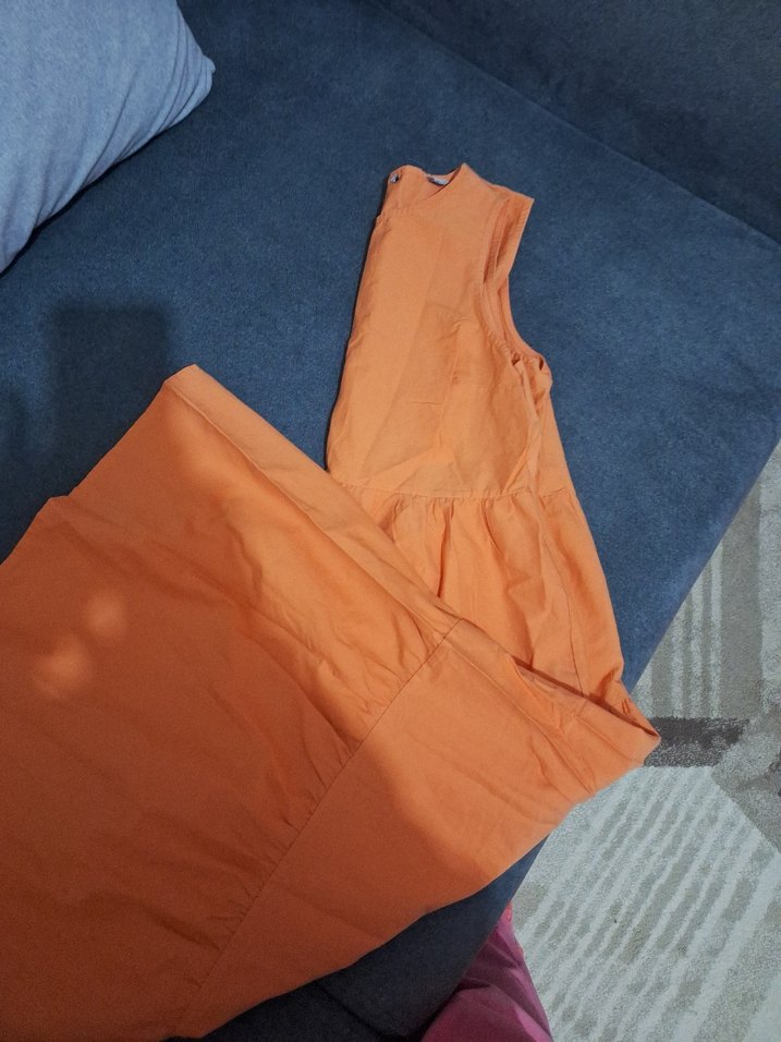 Turuncu Askısız Uzun Keten Elbise - Görsel 4