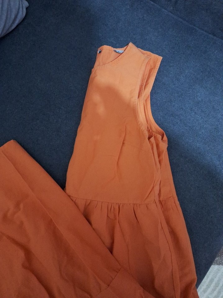 Turuncu Askısız Uzun Keten Elbise - Görsel 5