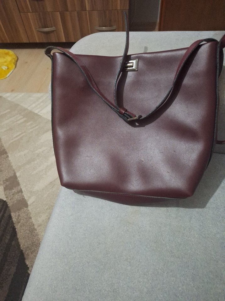 Bordo Deri Kadın Çanta Tokalı - Görsel 5