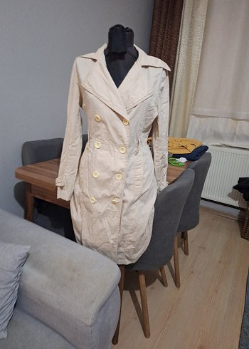 Bej Kadın Uzun Keten Trençkot - Görsel 2