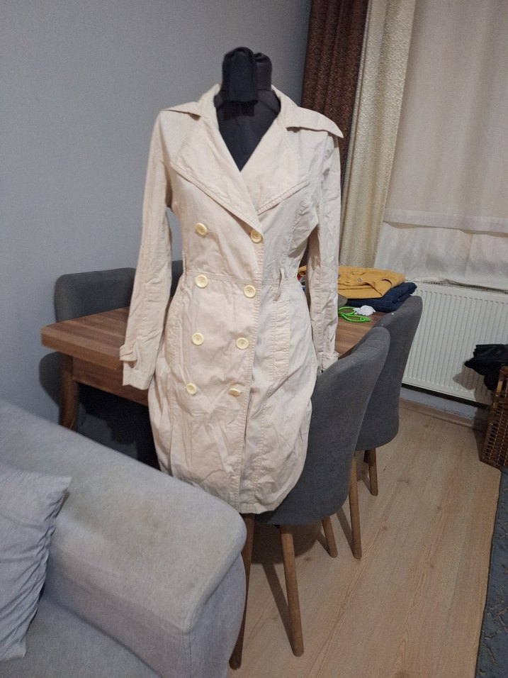 Bej Kadın Uzun Keten Trençkot - Görsel 2