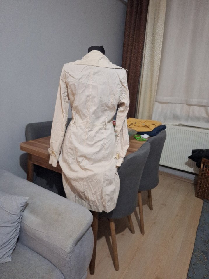 Bej Kadın Uzun Keten Trençkot - Görsel 4