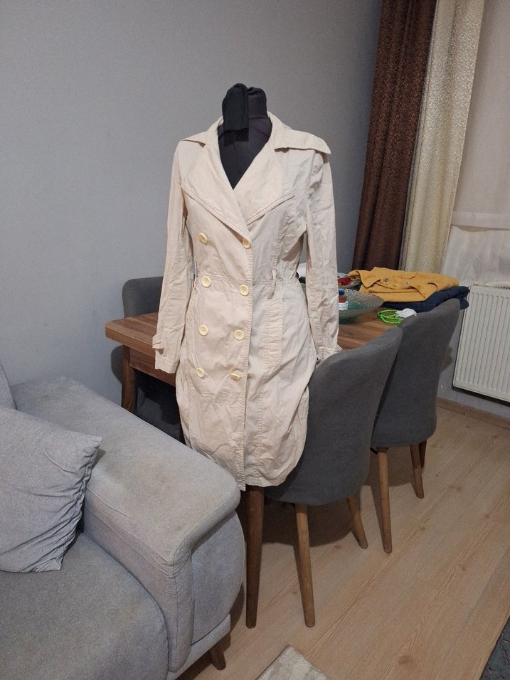 Bej Kadın Uzun Keten Trençkot - Görsel 3