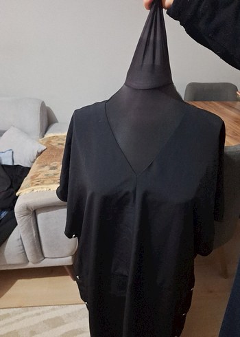 Siyah V Yaka Midi Salaş Kadın Elbise - Görsel 6