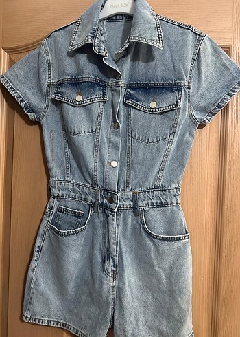 Kadın Gri Kısa Denim Tulum - Görsel 5