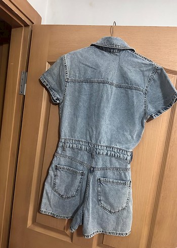 Kadın Gri Kısa Denim Tulum - Görsel 7