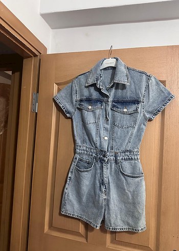 Kadın Gri Kısa Denim Tulum - Görsel 8