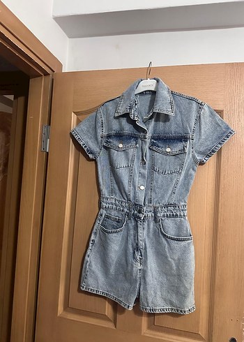 Kadın Gri Kısa Denim Tulum - Görsel 2