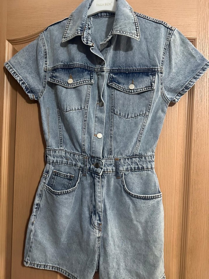 Kadın Gri Kısa Denim Tulum - Görsel 5