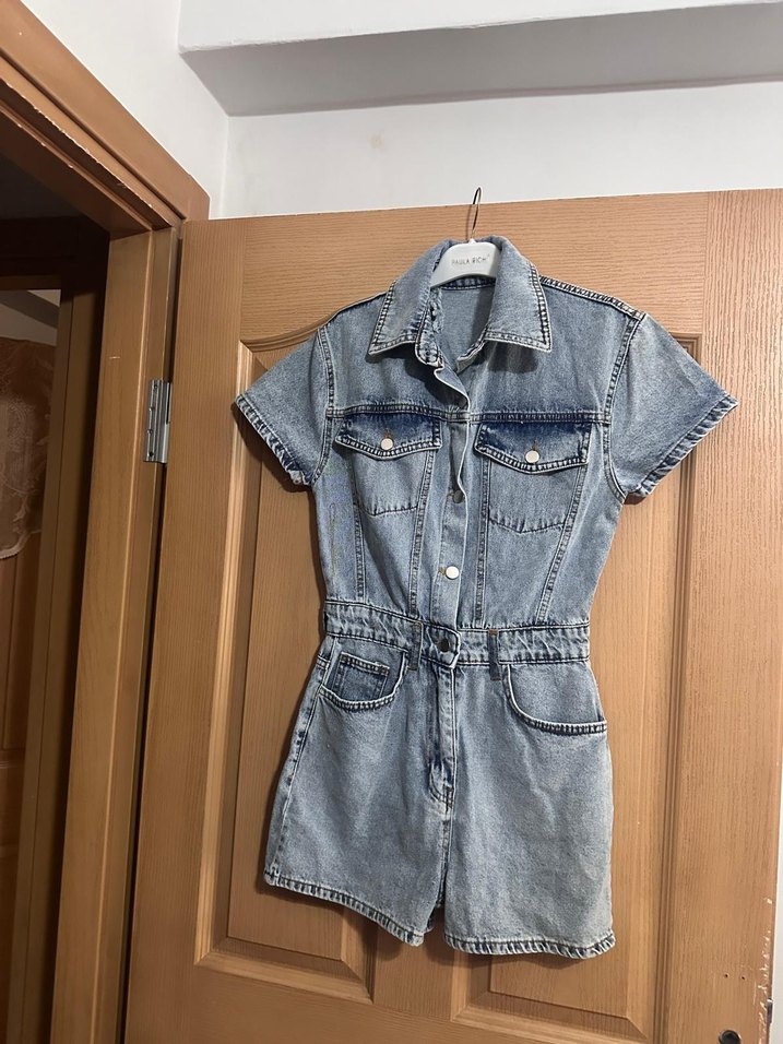 Kadın Gri Kısa Denim Tulum - Görsel 2