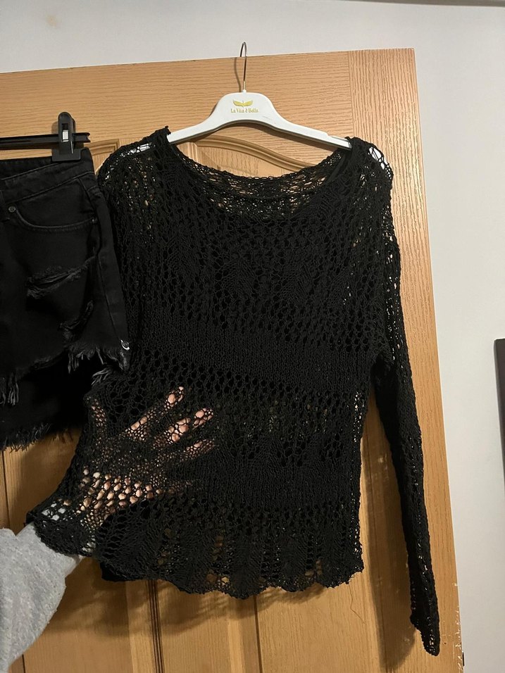 Siyah Kısa Örgü Goth Kadın Kazak - Görsel 4