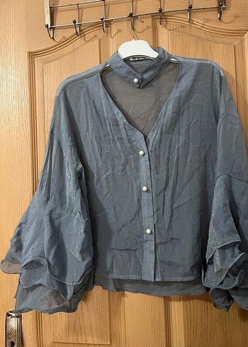 Gri Keten Düğmeli Uzun Kollu Bluz - Görsel 2