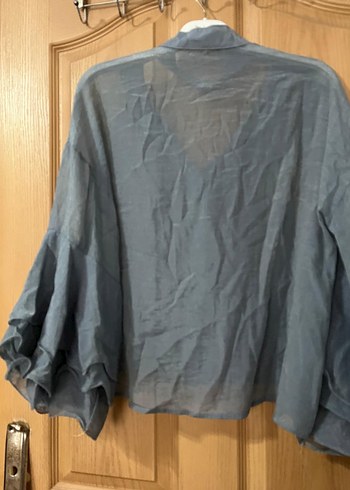 Gri Keten Düğmeli Uzun Kollu Bluz - Görsel 5