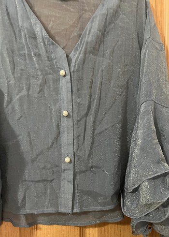 Gri Keten Düğmeli Uzun Kollu Bluz - Görsel 3